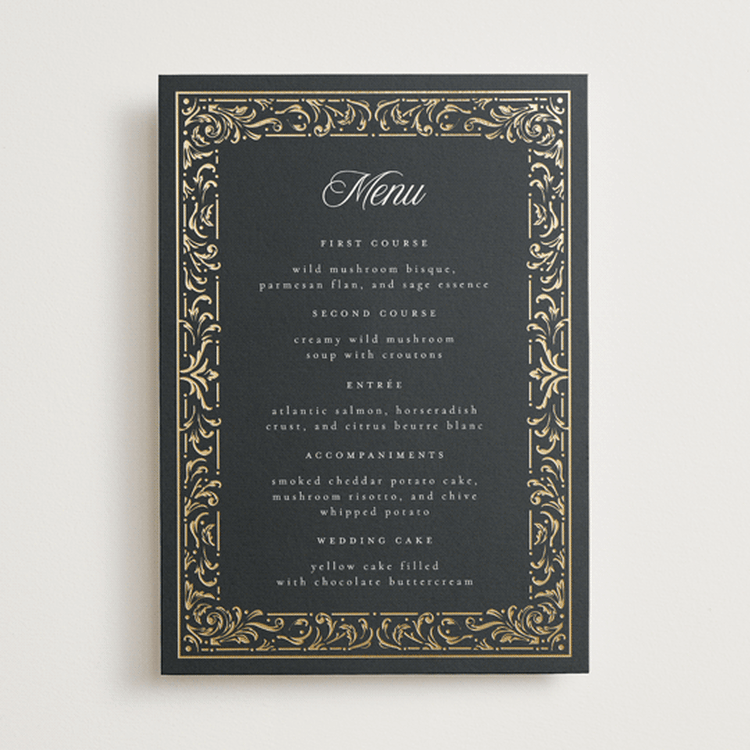 "Regency Grace" - Foil-Pressed Menus in Onyx by Ana de Sousa - Front