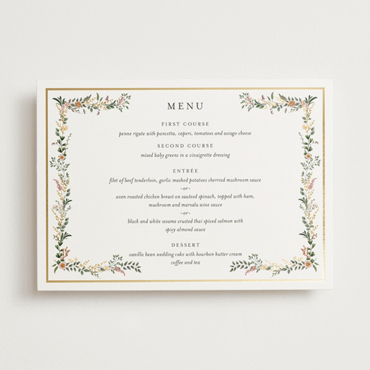 "Blooming Vine" - Foil-Pressed Menus in Blush by Susan Moyal - Front