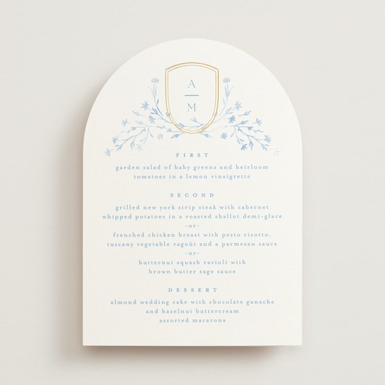"storybook garden" - Foil-Pressed Menus in Bluebell by Kristie Kern - Front