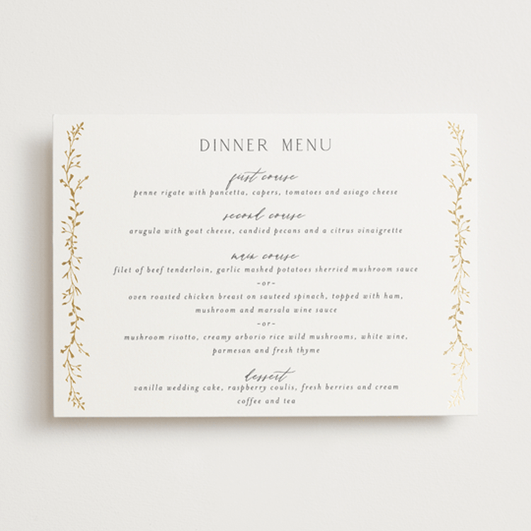 "Delicate Vine" - Foil-Pressed Menus in Alabaster by Susan Moyal - Front
