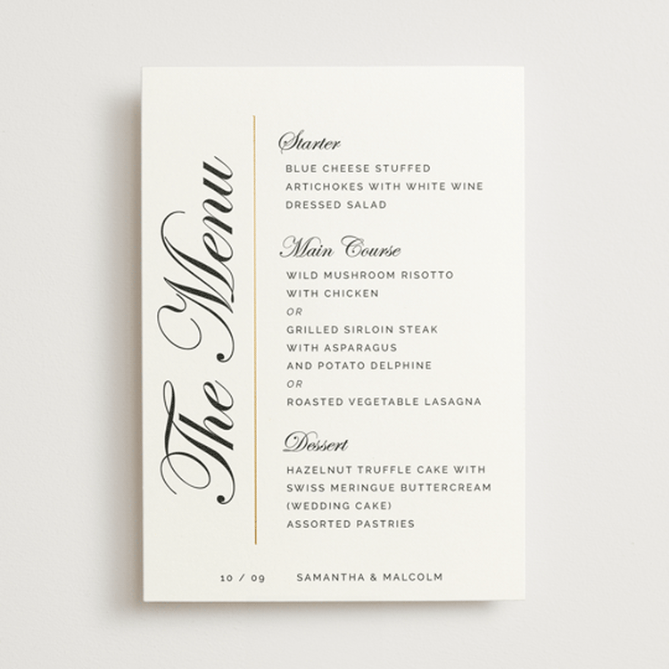 "Shaped Menu" - Foil-Pressed Menus in Silk by Zani van Zyl - Front