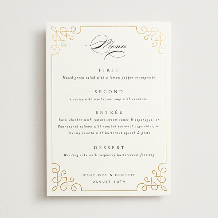 "Intertwined" - Foil-Pressed Menus in Pearl by Janean Hinger - Front