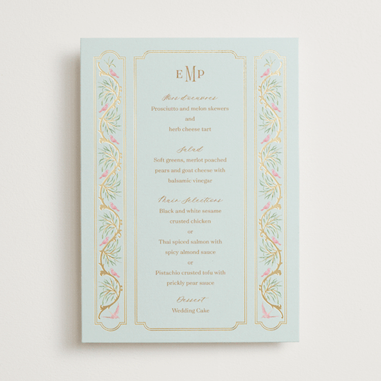 "Castle" - Foil-Pressed Menus in Hummingbird by Claudia Orengo - Front