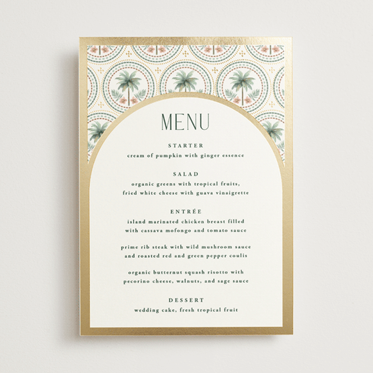 "Vintage Palms" - Foil-Pressed Menus in Sand by Maria Alou - Front
