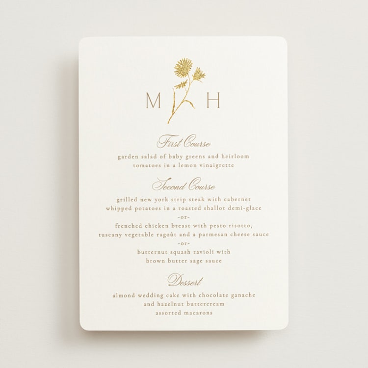 "The Romantic" - Foil-Pressed Menus in Buttercream by Kristie Kern - Front