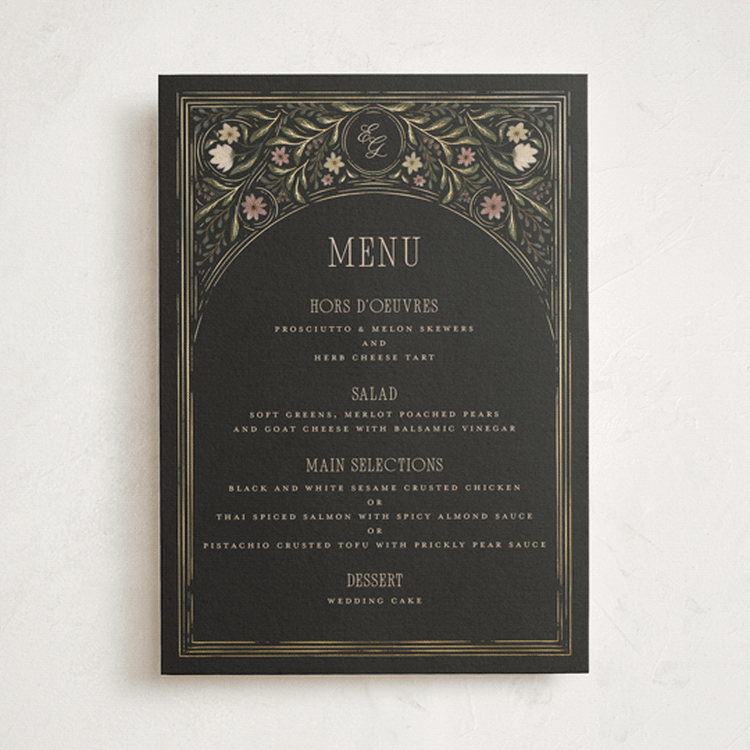 "Emilie" - Foil-Pressed Menus in Noir by Randi Cirelli - Front