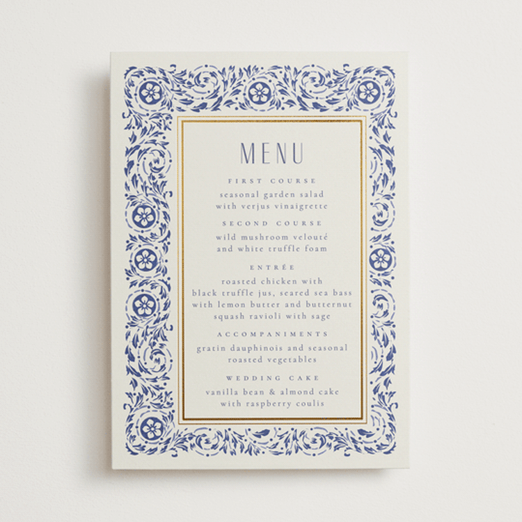 "Tiled Romance" - Foil-Pressed Menus in Dynasty Blue by Ana de Sousa - Front