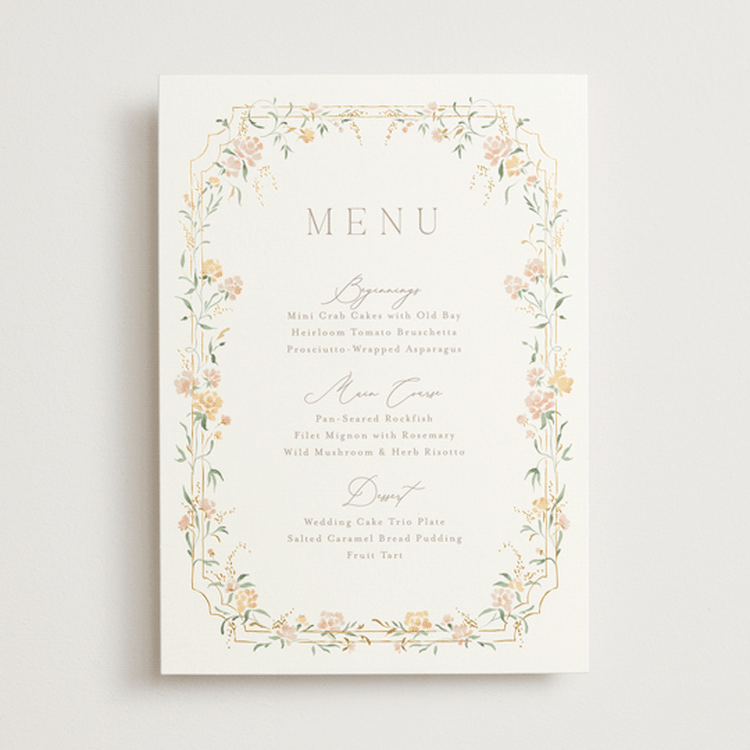 "Victorian Trellis" - Foil-Pressed Menus in Golden Summer by Erin L. Wilson - Front