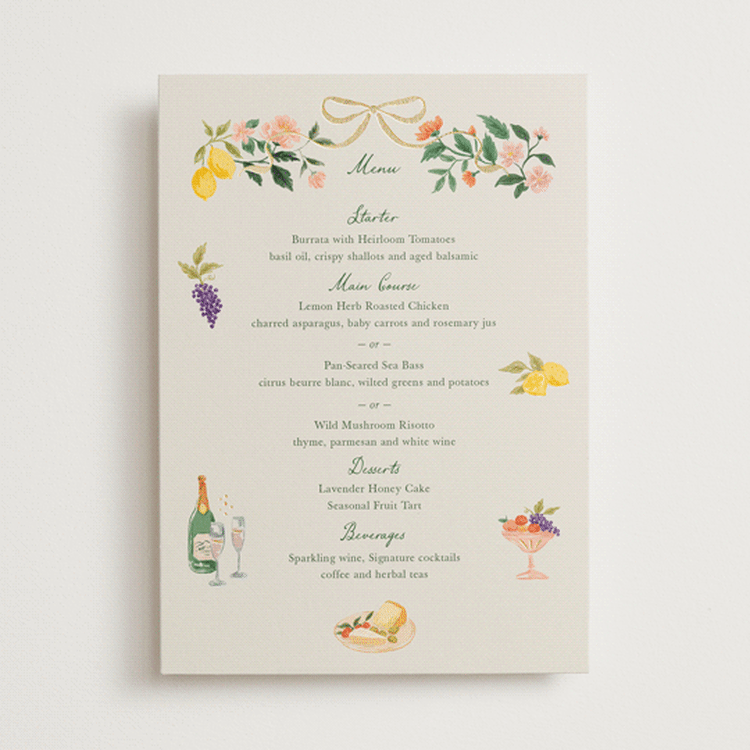 "Garden Feast" - Foil-Pressed Menus in Garden by Elly - Front
