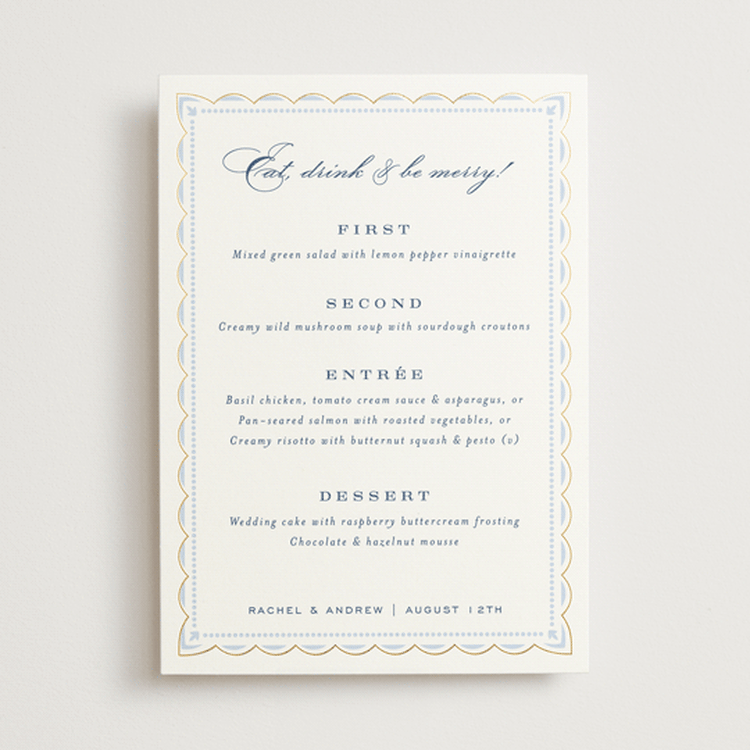 "Aurelia" - Foil-Pressed Menus in Dusty Blue by Janean Hinger - Front