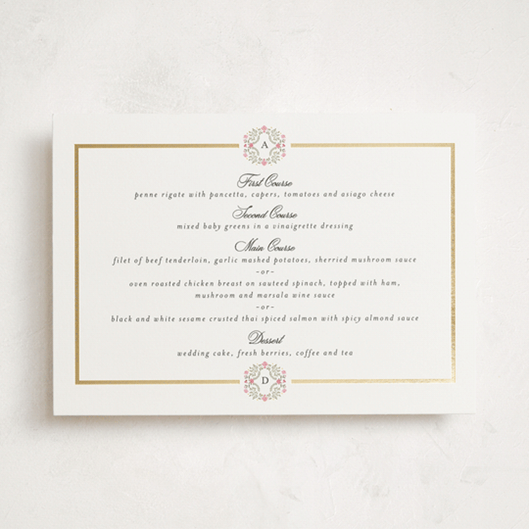 "Embrace" - Foil-Pressed Menus in Peony by Susan Moyal - Front