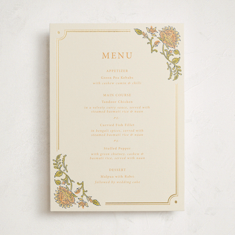 "Marigold" - Foil-Pressed Menus in Ochre by Hannah Bowman - Front