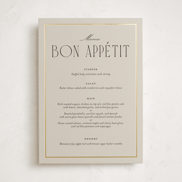 "Luxe Lines" - Foil-Pressed Menus in Champagne by Kristin Oliversen - Front