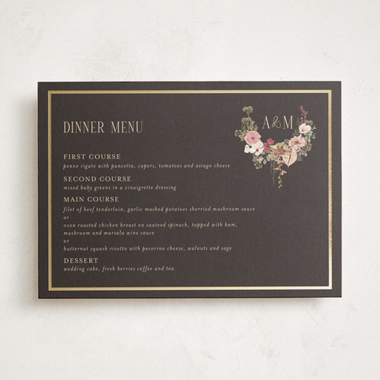 "Flouriishing" - Foil-Pressed Menus in Blush by Susan Moyal - Front