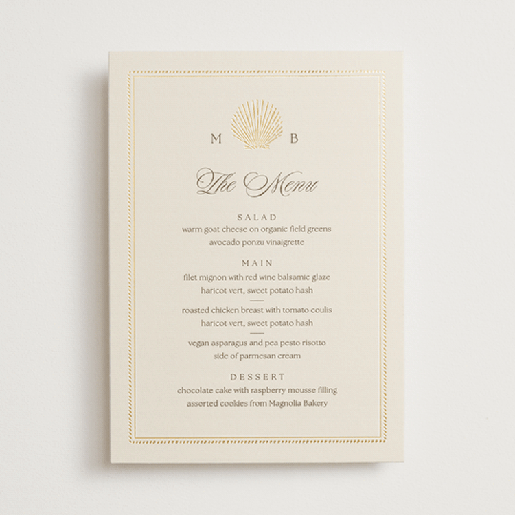 "Seaside" - Foil-Pressed Menus in Champagne by Griffinbell Paper Co. - Front