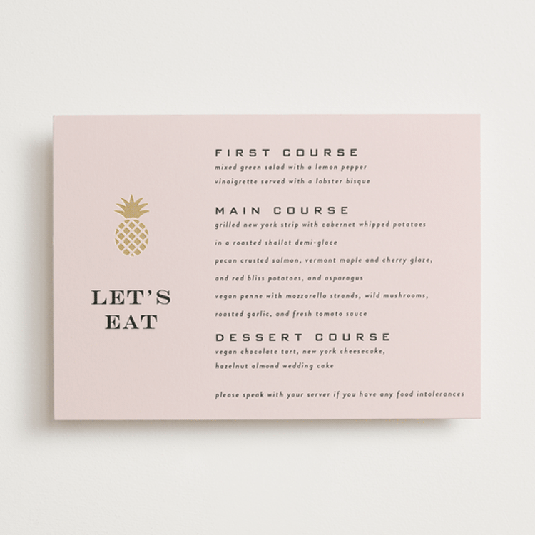 "tropical getaway" - Foil-Pressed Menus in Blush by Laura Hamm - Front