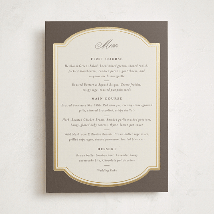 "Arch Frame" - Foil-Pressed Menus in Cognac by Emily Betts - Front