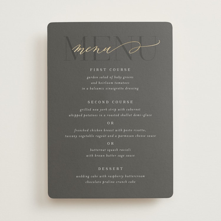 "Over Monogram" - Foil-Pressed Menus in Stormy by Jessica Williams - Front