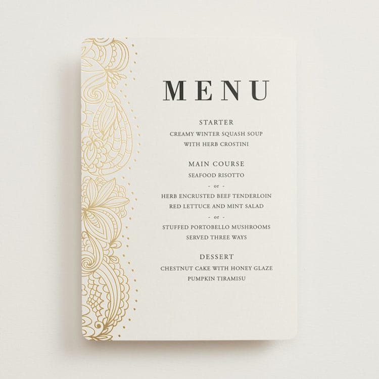 "Elegant Henna" - Foil-Pressed Menus in Champagne by Oma N. Ramkhelawan - Front