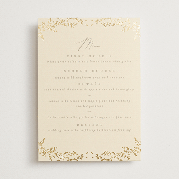 "Leafy Garland" - Foil-Pressed Menus in Sand by Creo Study - Front