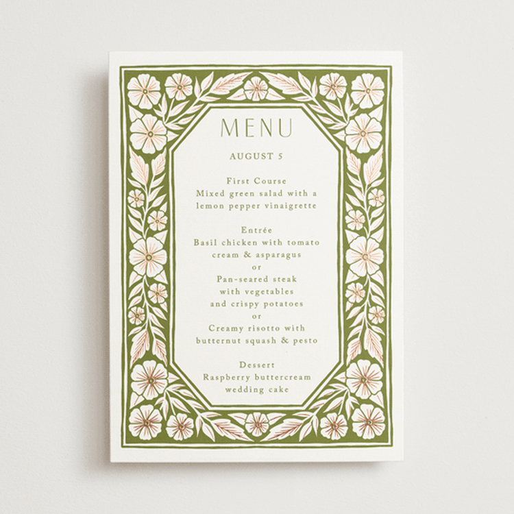 "Inlay Frame" - Foil-Pressed Menus in Avocado by Katharine Watson - Front