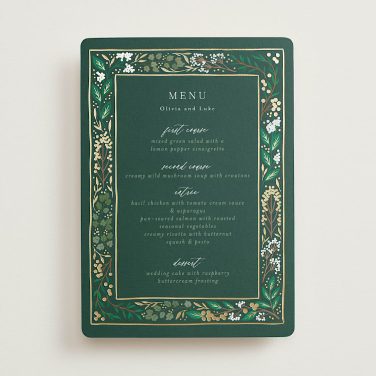 "Illuminated Storybook" - Foil-Pressed Menus in Evergreen by Alethea and Ruth - Front