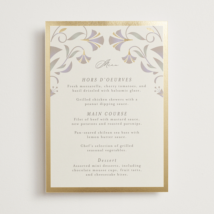 "Deco Nouveau" - Foil-Pressed Menus in Vanilla by lori jacobs wemple - Front
