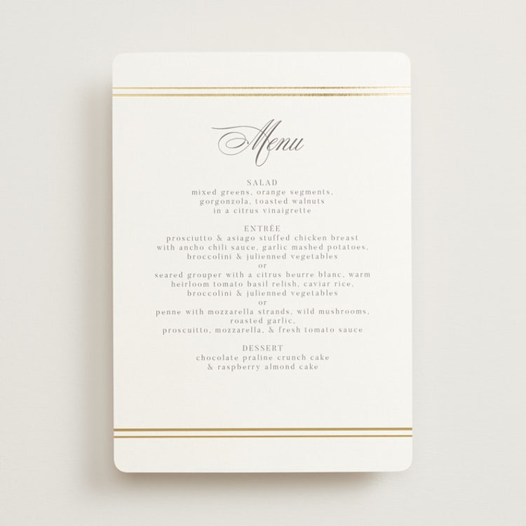 "Classic Elegance" - Foil-Pressed Menus in Pearl by Nicole Walsh - Front