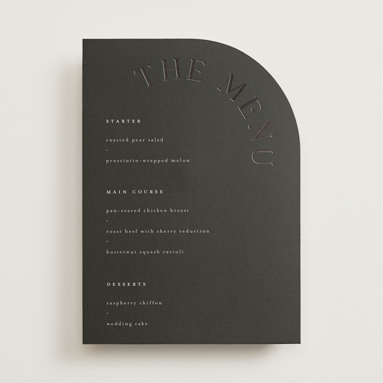 "The Arc" - Foil-Pressed Menus in Truffle by Vera Lim - Front