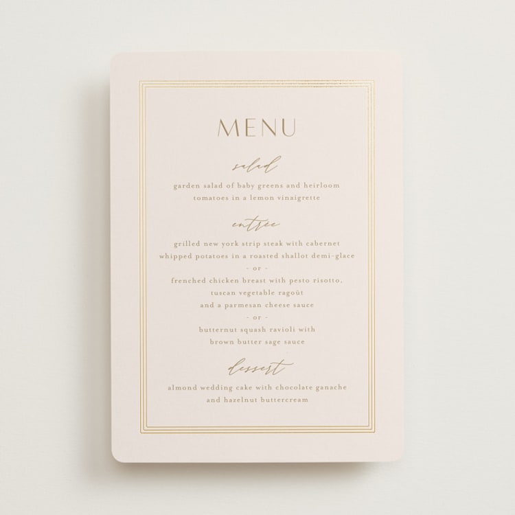 "Soleil" - Foil-Pressed Menus in Latte by Kristie Kern - Front