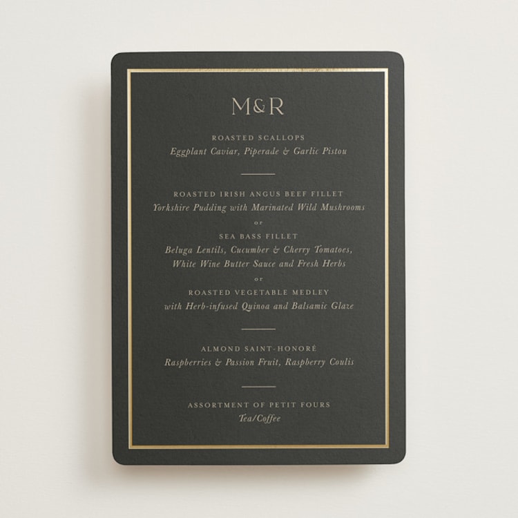 "Timeless Charm" - Foil-Pressed Menus in Charcoal by Lucrecia Caporale - Front