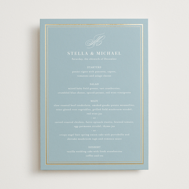 "Polished" - Foil-Pressed Menus in Powder Blue by Jennifer Postorino - Front