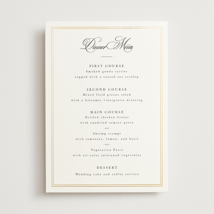 "Traditionalist" - Foil-Pressed Menus in Snow by Sarah Brown - Front