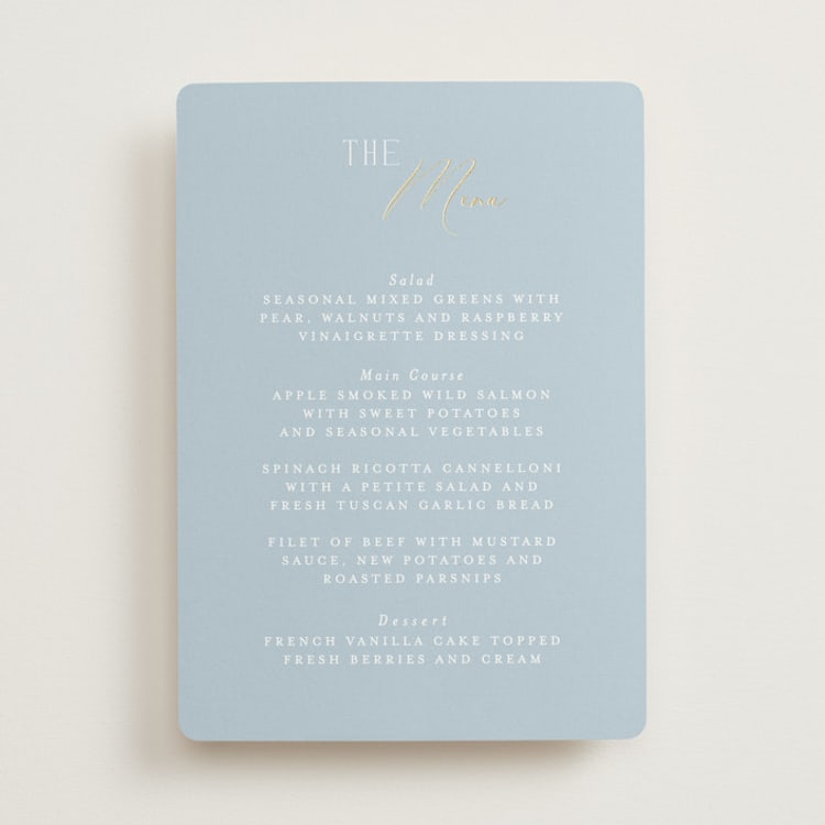 "Delicacy" - Foil-Pressed Menus in Dusty Blue by Angela Thompson - Front