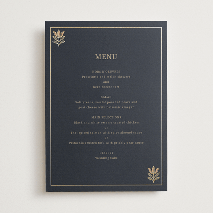 "Botanical Tapestry" - Foil-Pressed Menus in Navy by Jess Rosa Beck - Front