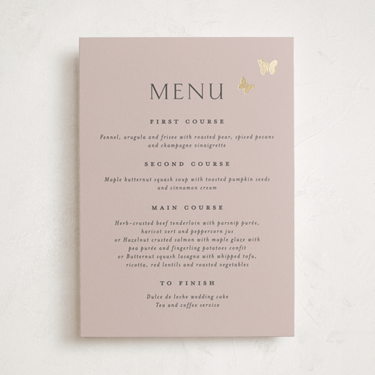 "dancing in the garden" - Foil-Pressed Menus in Blush Meadow by Grae - Front