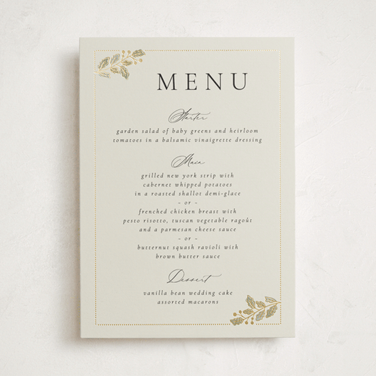 "Vine Wrap" - Foil-Pressed Menus in Fern by Jen Owens - Front