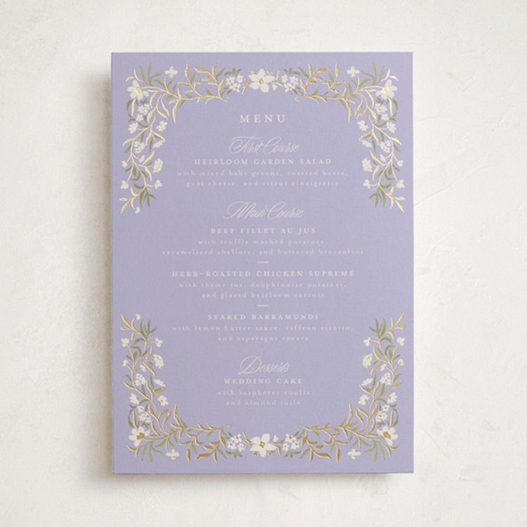 "FairyTale.." - Foil-Pressed Menus in Heather by Vera Lim - Front