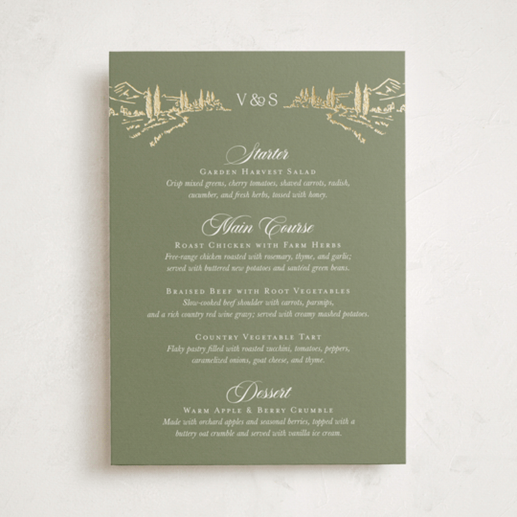 "Country Elegance" - Foil-Pressed Menus in Sage by Lucrecia Caporale - Front