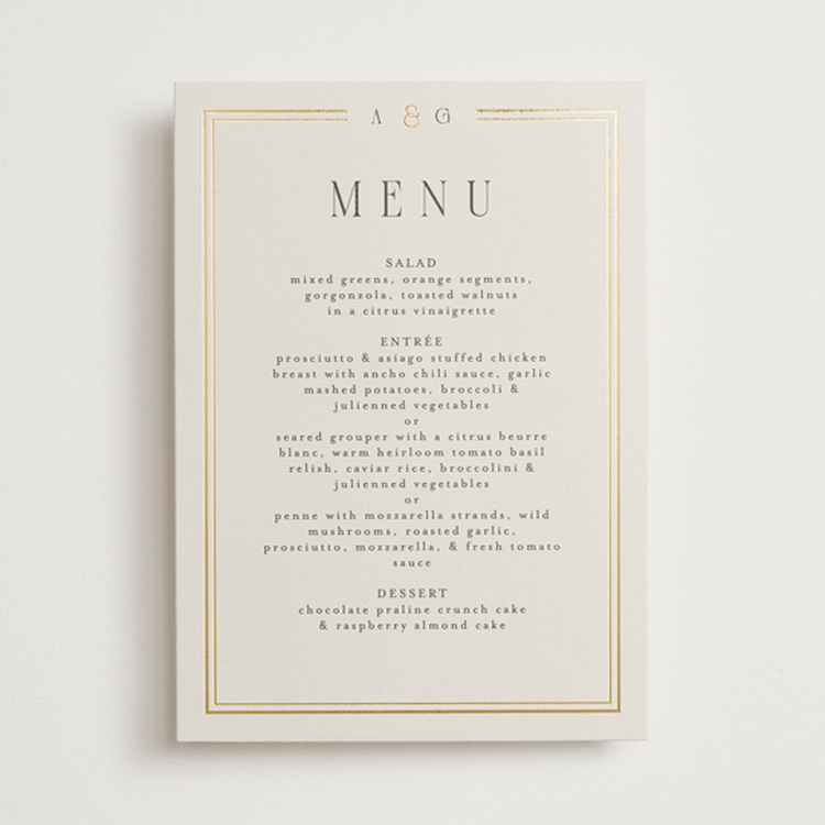 "Grace" - Foil-Pressed Menus in Champagne by Nicole Walsh - Front
