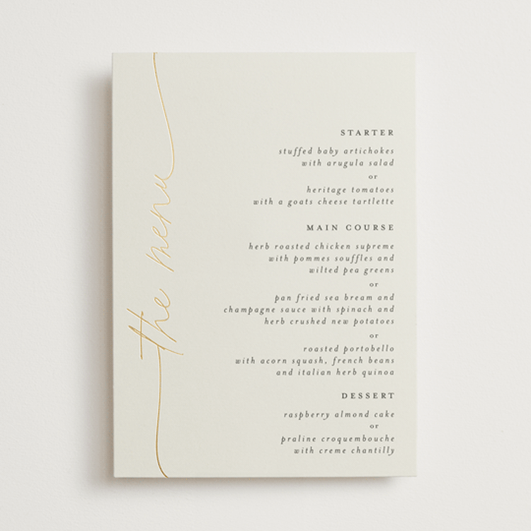 "silk" - Foil-Pressed Menus in Linen by Pippa Shaw - Front