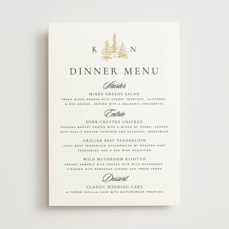 "Gilded Forest" - Foil-Pressed Menus in Snow by Stacy Maalouf - Front