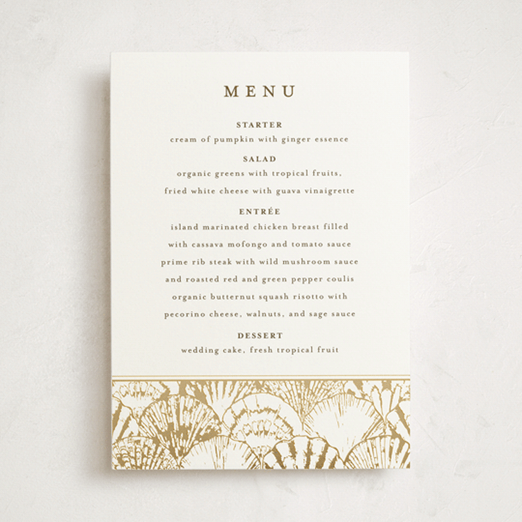 "By the Seashore" - Foil-Pressed Menus in Pearl by Maria Alou - Front
