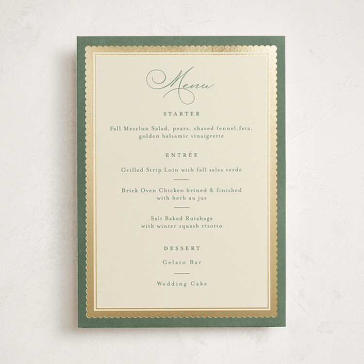 "Vintage Oval" - Foil-Pressed Menus in Rosemary by Emily Betts - Front