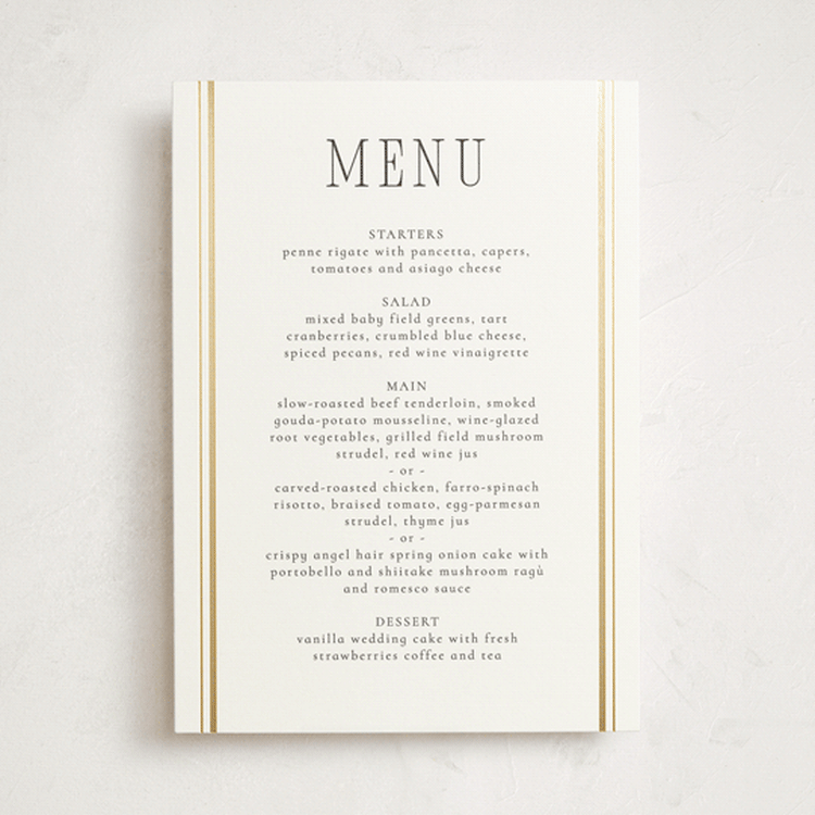 "Side Stripe" - Foil-Pressed Menus in Pearl by Nicole Walsh - Front