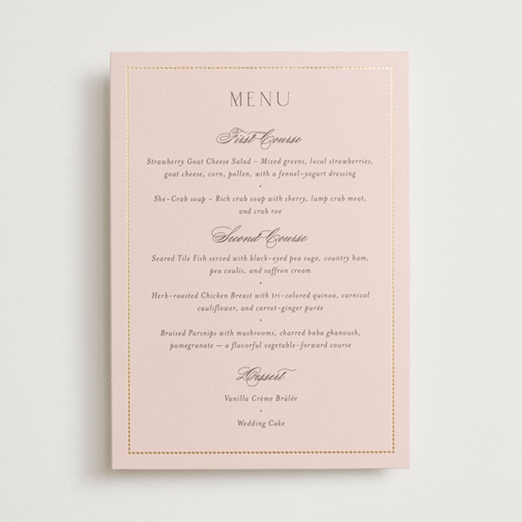 "Scallop Monogram" - Foil-Pressed Menus in Rose Quartz by Emily Betts - Front