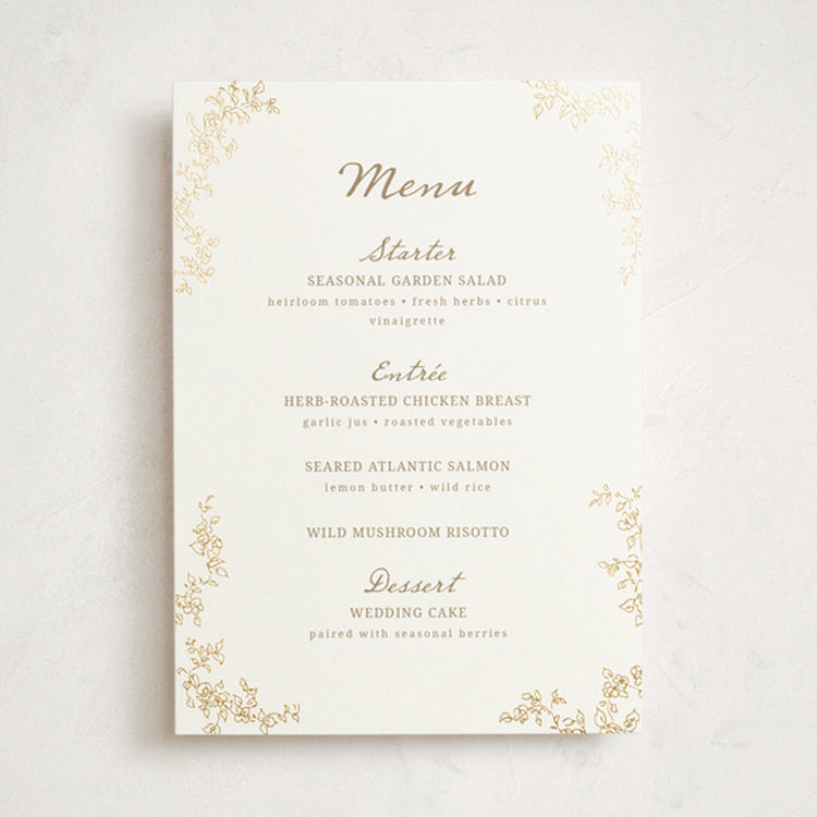 "Boho flower crest" - Foil-Pressed Menus in Ivory by Cass Loh - Front