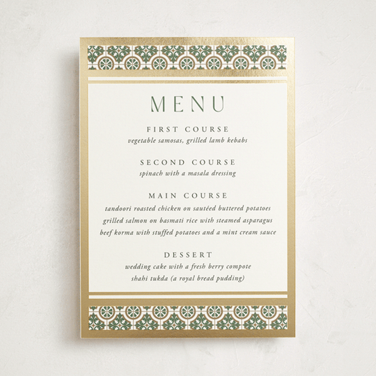 "Kareem" - Foil-Pressed Menus in Evergreen by Oma N. Ramkhelawan - Front