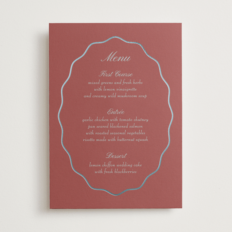 "Scallop Frame" - Foil-Pressed Menus in Burgundy by Baumbirdy - Front