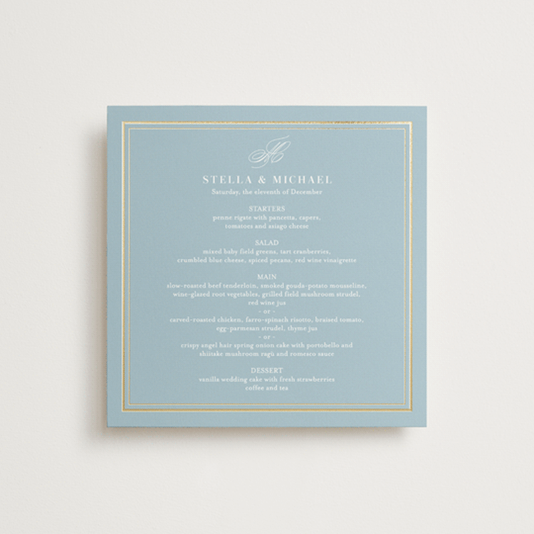 "Polished" - Foil-Pressed Menus in Powder Blue by Jennifer Postorino - Front
